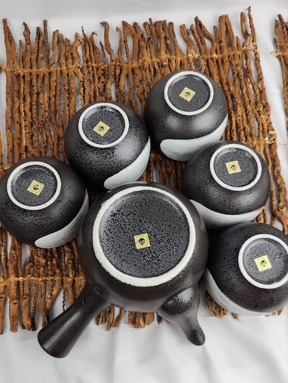 New Japanese Kyusu Tea Pot + 5 Tea Cups Matte Black Unused - Picture 4 of 11